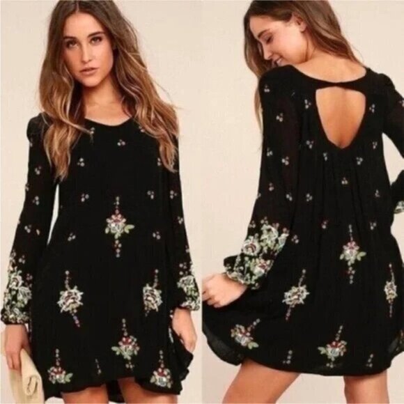 Free People Dresses & Skirts - Free People Oxford Black Embroidered Long Sleeve Mini Swing Dress Medium